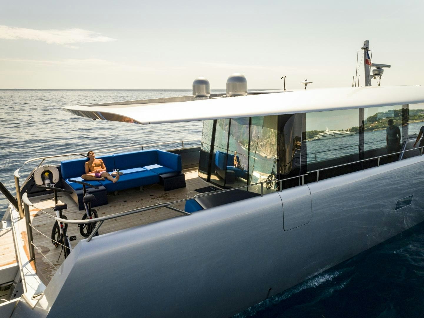a person sitting on a boat aboard BILL & ME Yacht for Sale