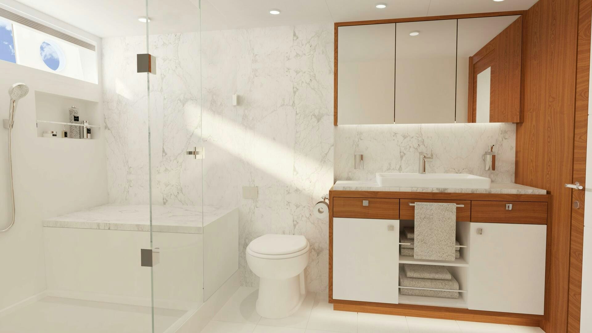 a bathroom with a stand up shower aboard JOHNSON 70 FLYBRIDGE Yacht for Sale