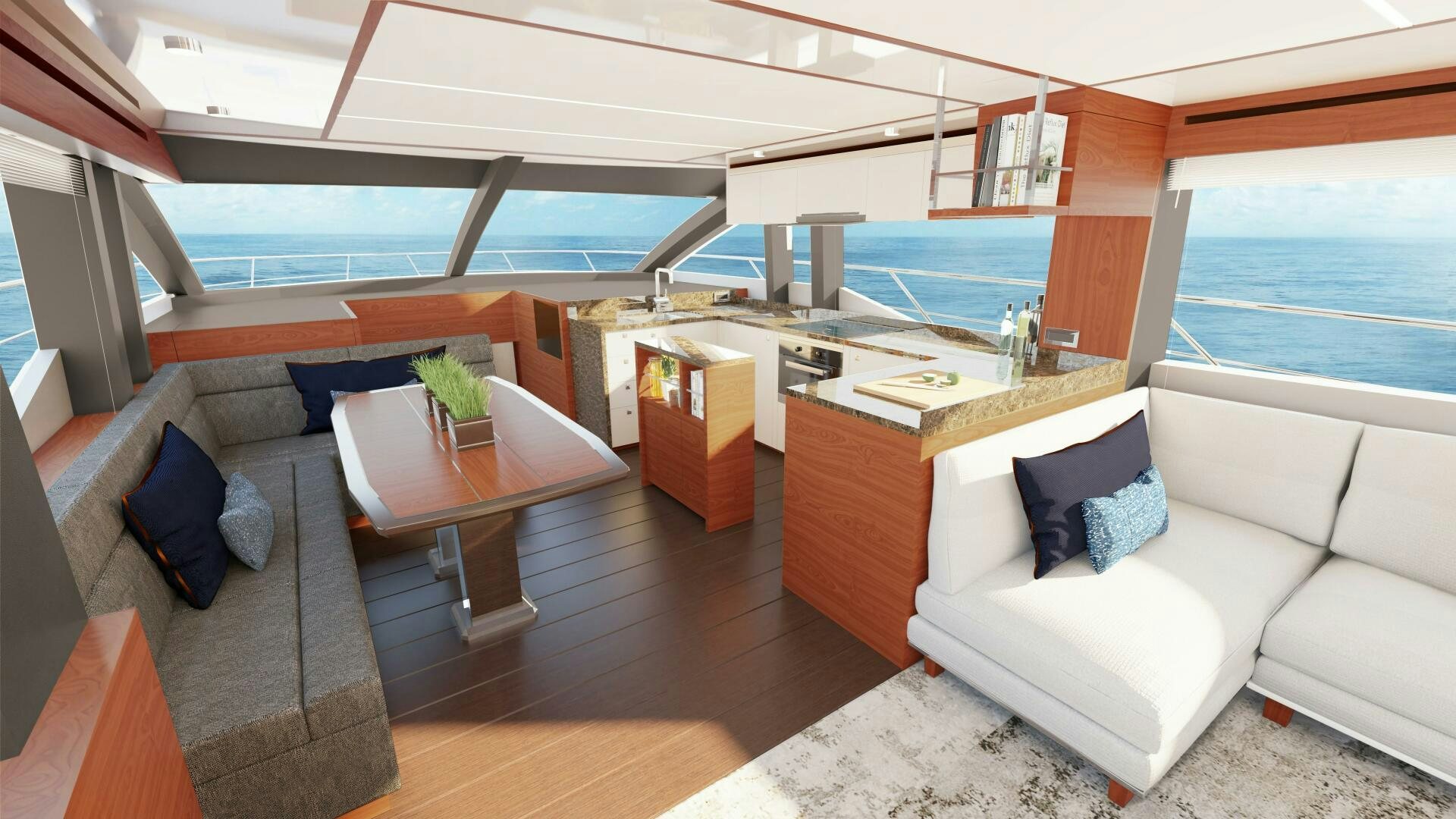 a room with a couch and a table aboard JOHNSON 70 FLYBRIDGE Yacht for Sale