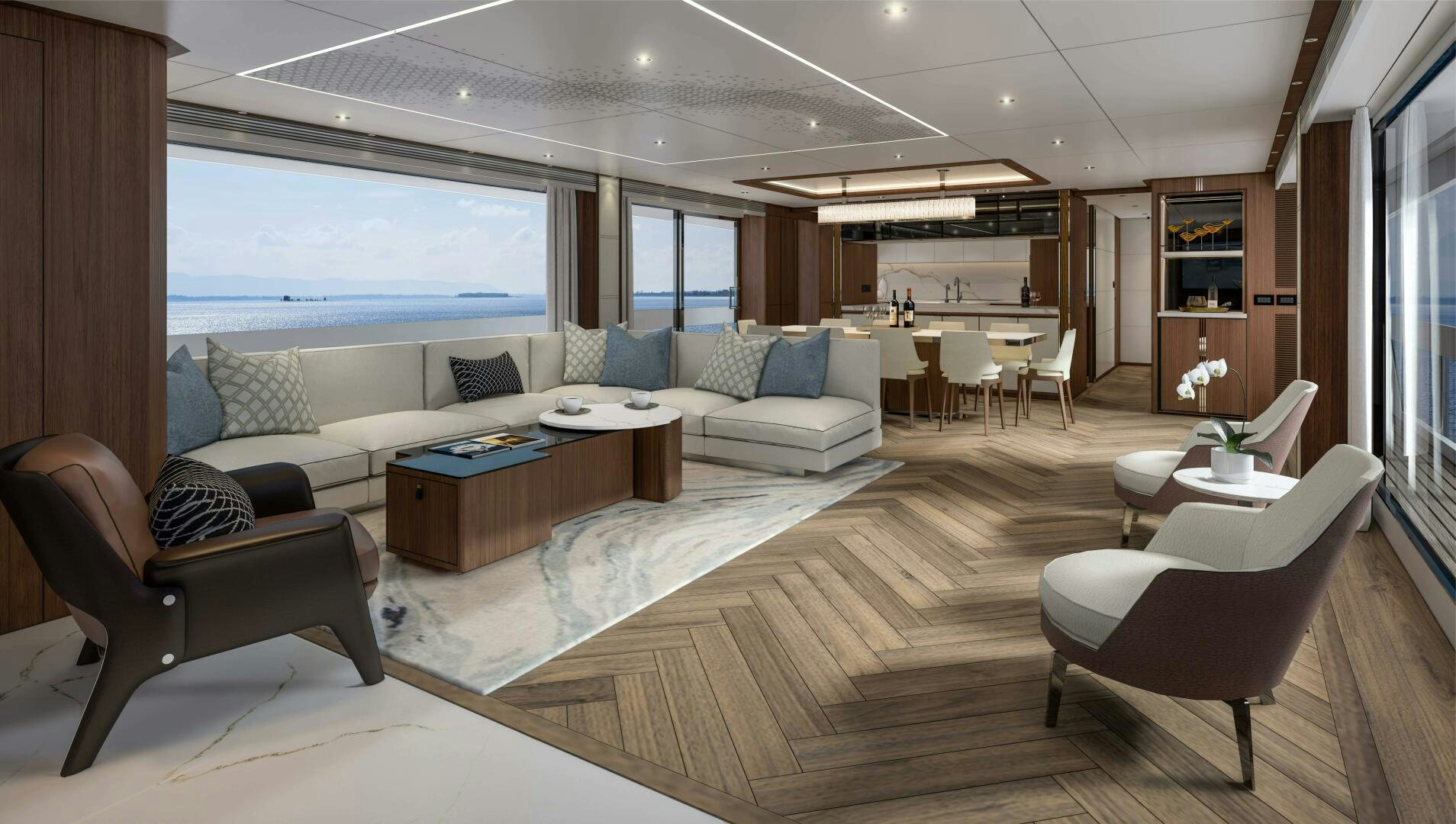 a living room with a couch and a table aboard FD110 006 Yacht for Sale