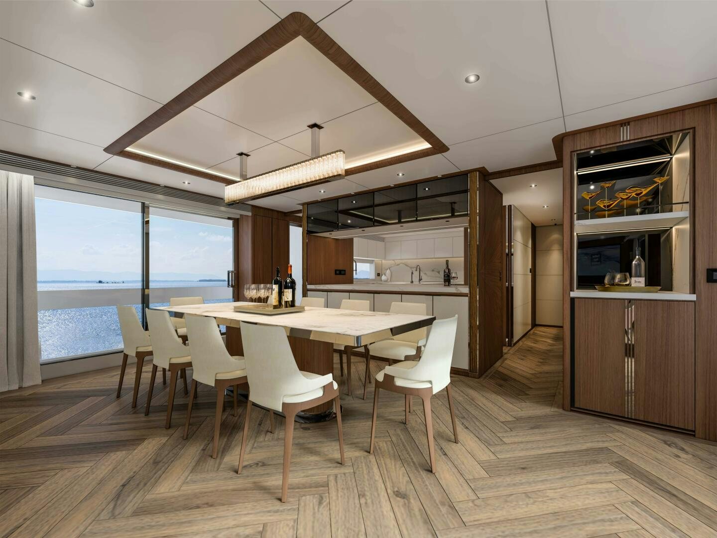 a large kitchen with a dining table aboard FD110 006 Yacht for Sale