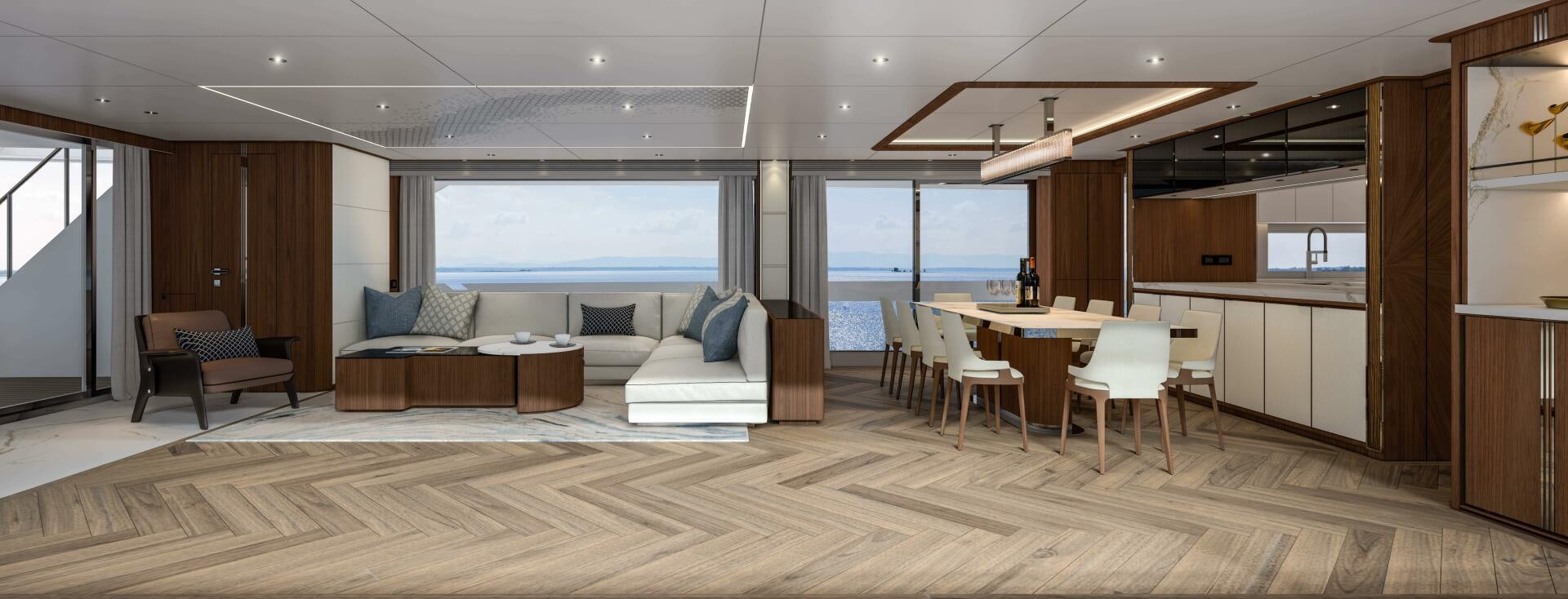 a room with a table chairs and a couch aboard FD110 006 Yacht for Sale