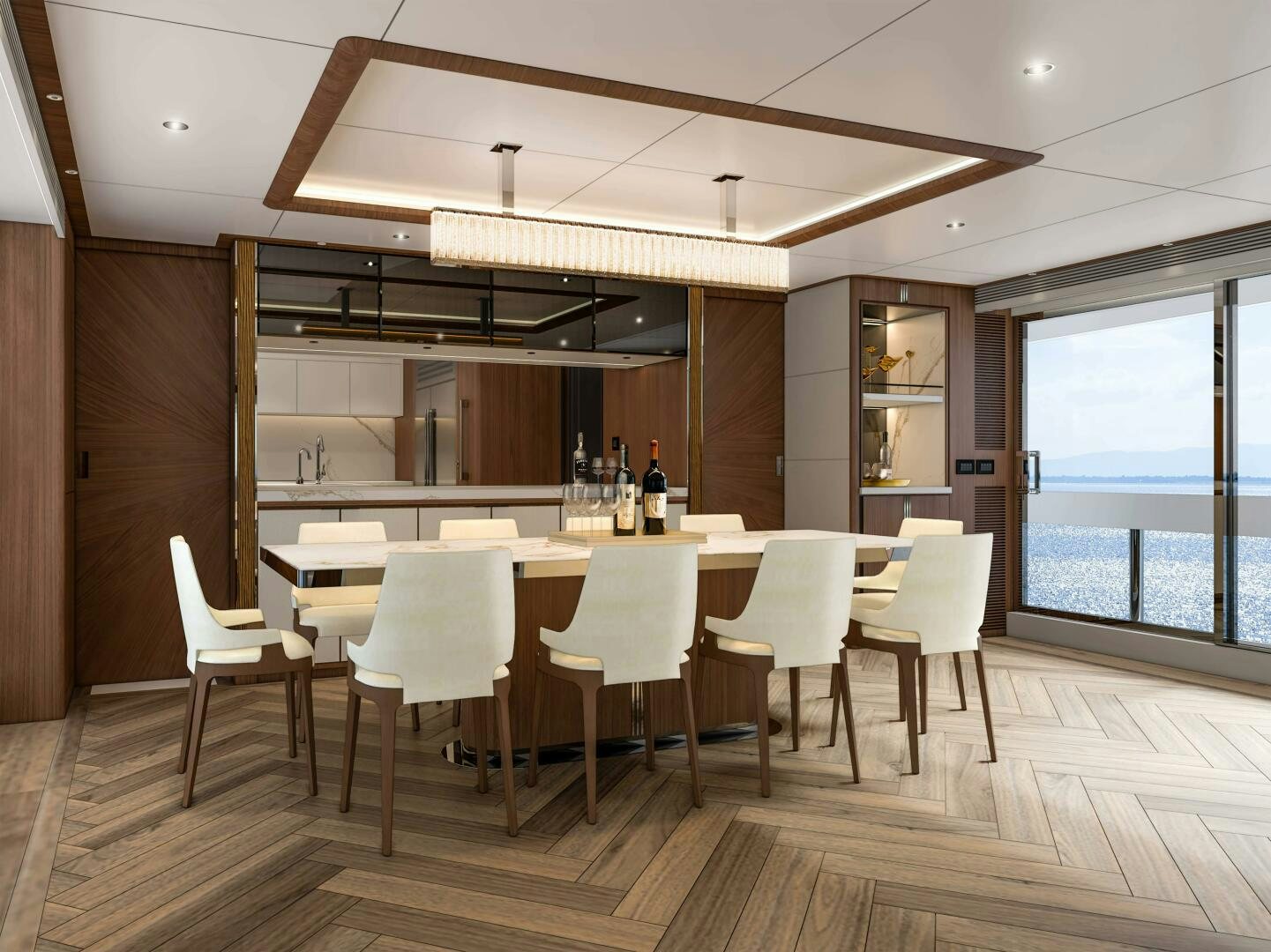 a large room with a table and chairs aboard FD110 006 Yacht for Sale