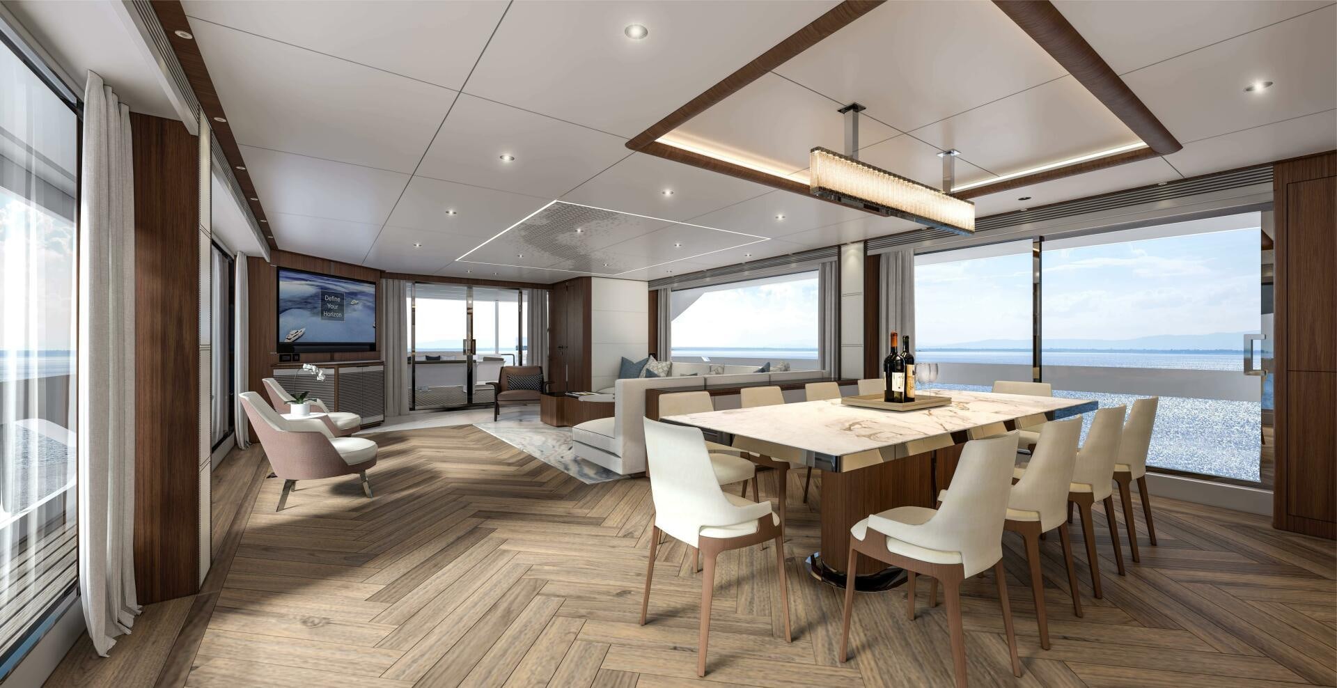 a room with a table chairs and a large window aboard FD110 006 Yacht for Sale