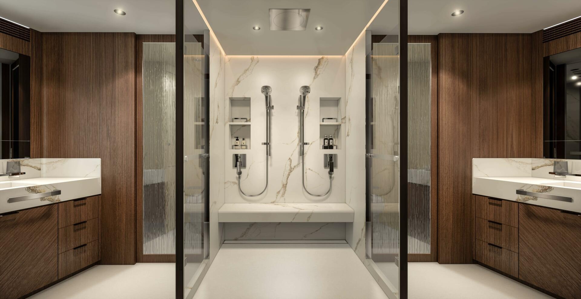 a large bathroom with a glass shower aboard FD110 006 Yacht for Sale