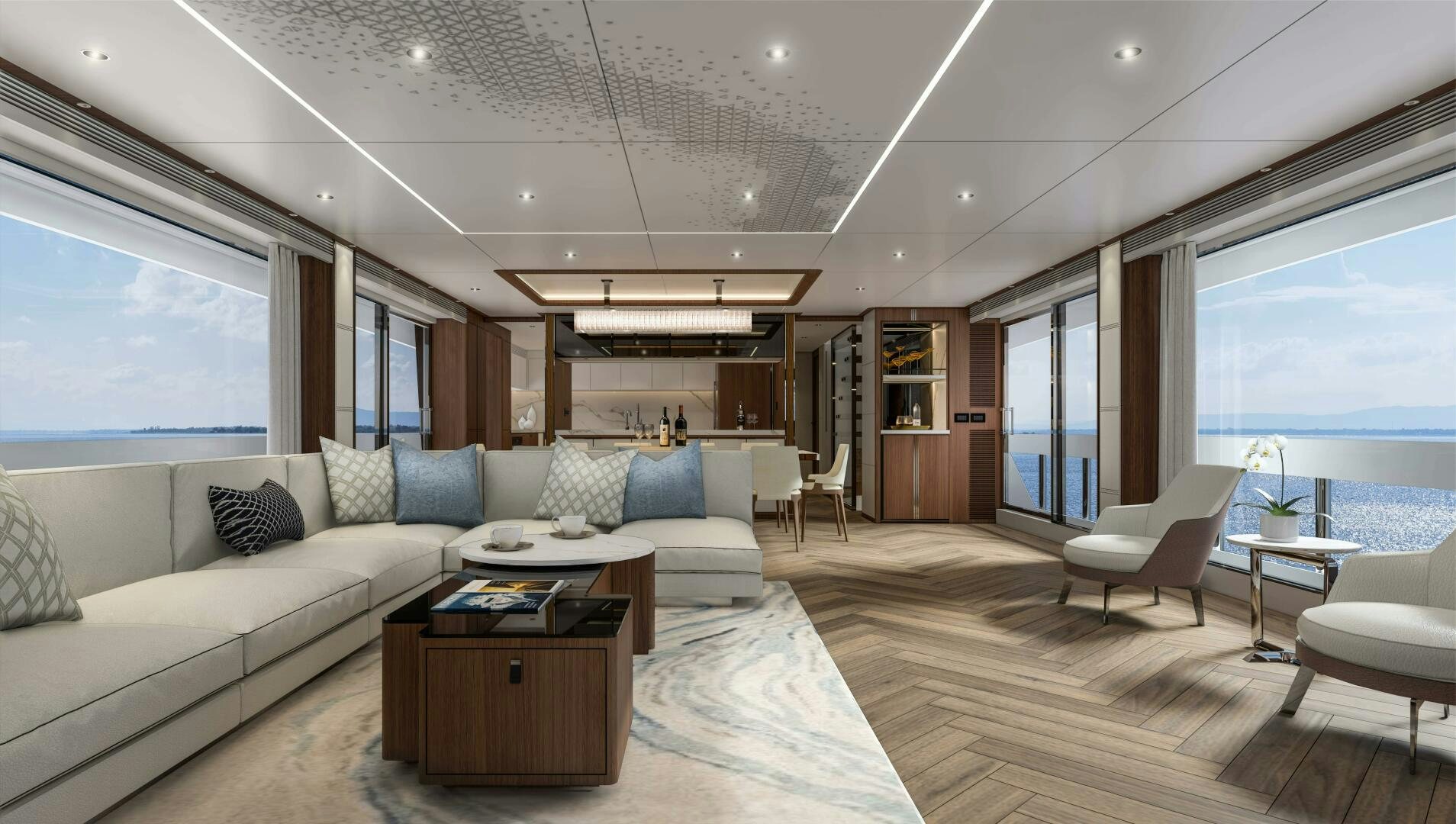 a living room with a large window aboard FD110 006 Yacht for Sale