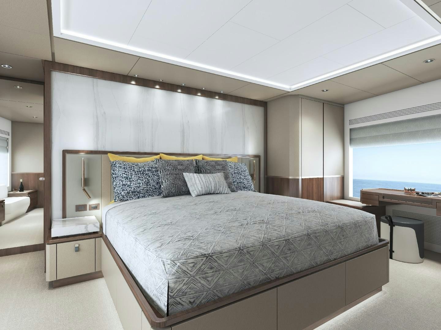 a large bed in a room aboard FD100 Yacht for Sale