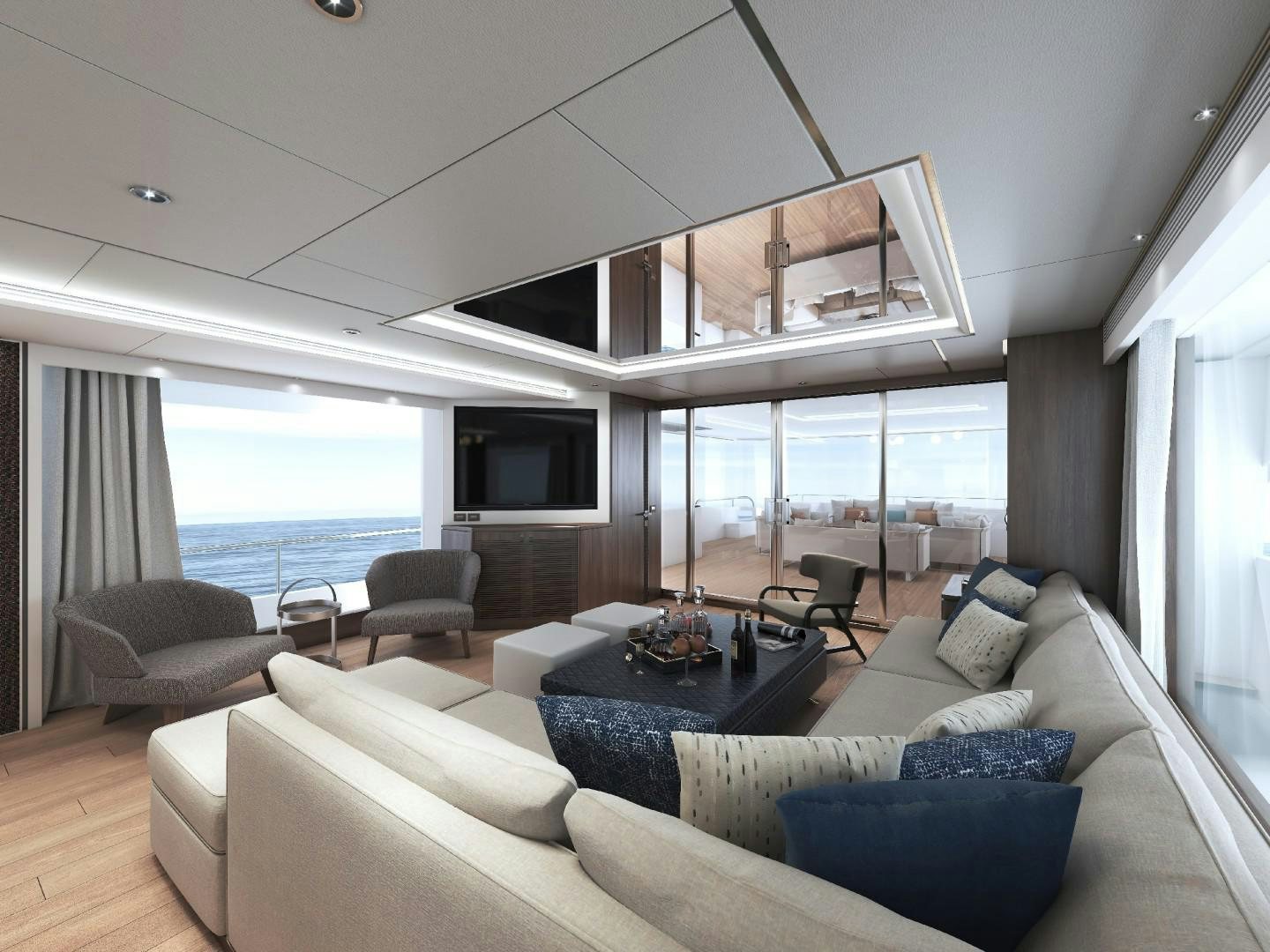 a living room with a large window aboard FD100 Yacht for Sale