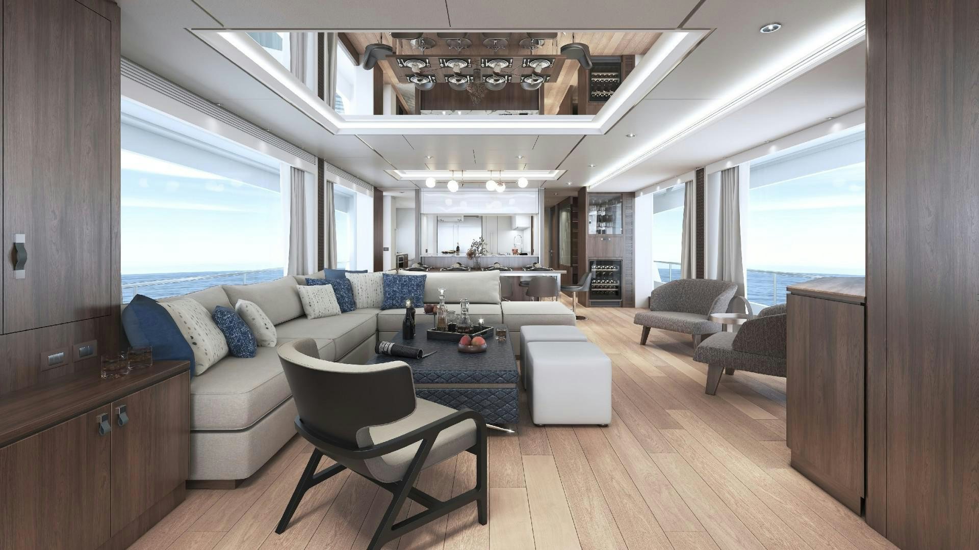 a living room with a large window aboard FD100 Yacht for Sale