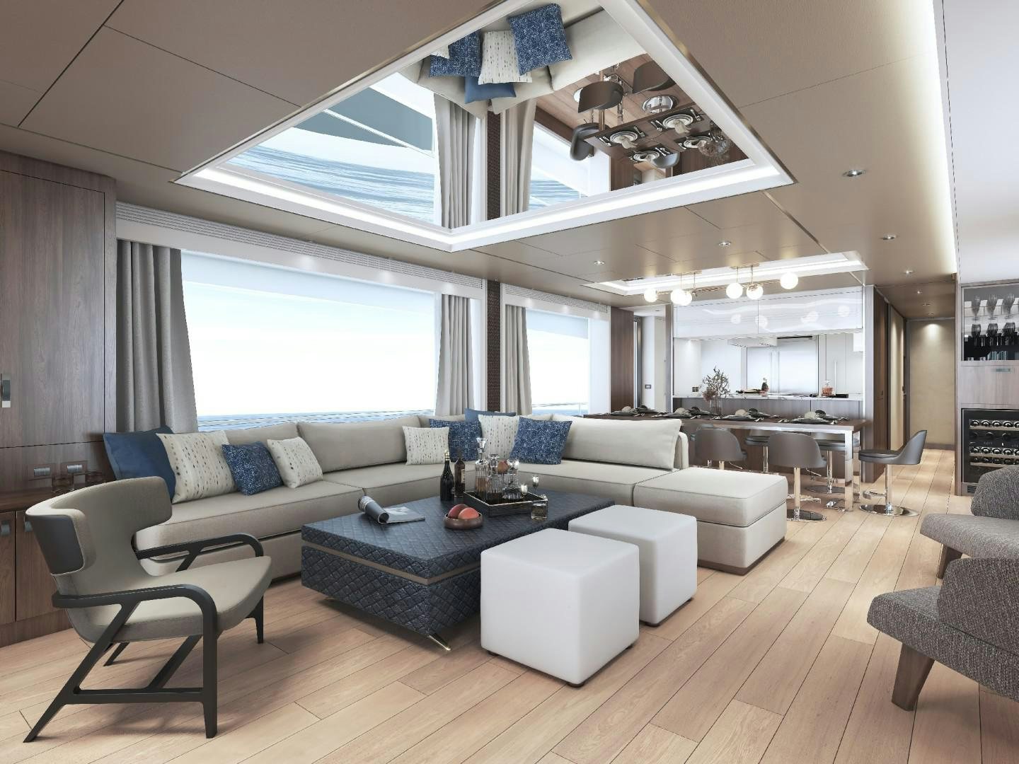 a living room with a large window aboard FD100 Yacht for Sale