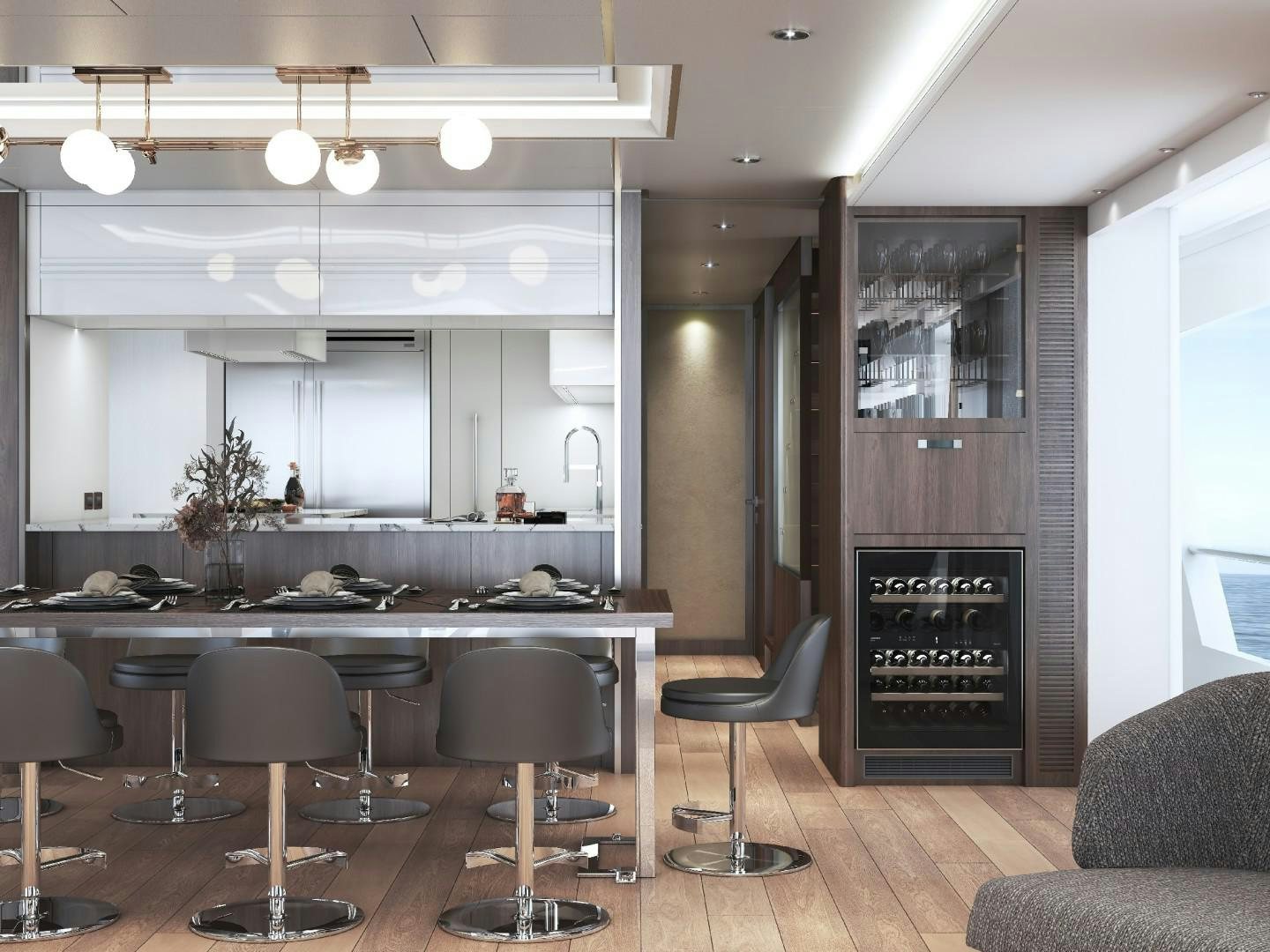 a kitchen with a bar and stools aboard FD100 Yacht for Sale