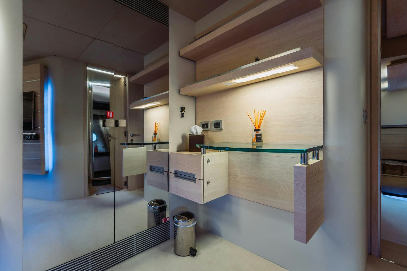 a room with a shelf and a sink aboard NAMI Yacht for Sale