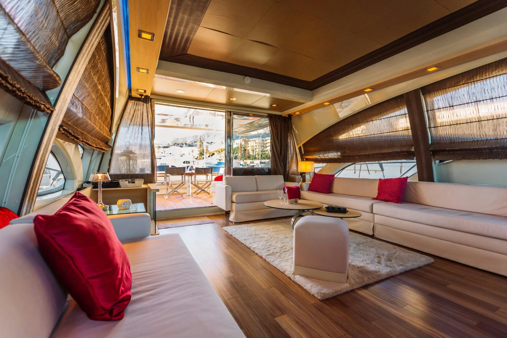 a living room with a large window aboard NAMI Yacht for Sale