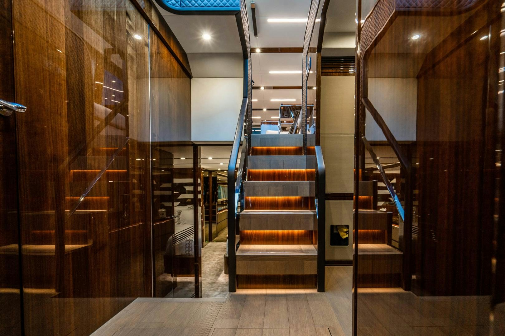 a hallway with wooden doors aboard BLIND DATE Yacht for Sale