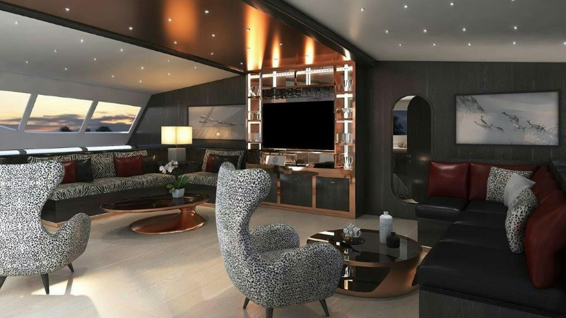 a living room with a large fireplace aboard SKYE Yacht for Sale