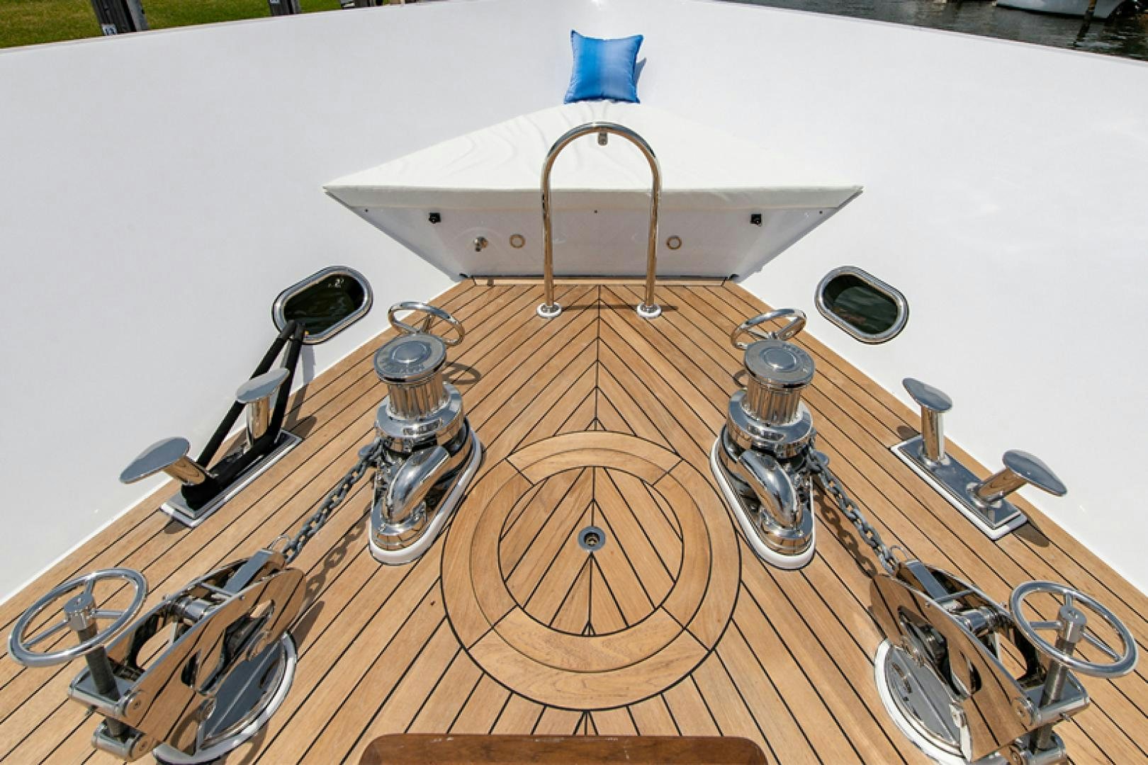 a wooden table with a drum set and a guitar on it aboard GALATI G120 SIGNATURE SERIES Yacht for Sale