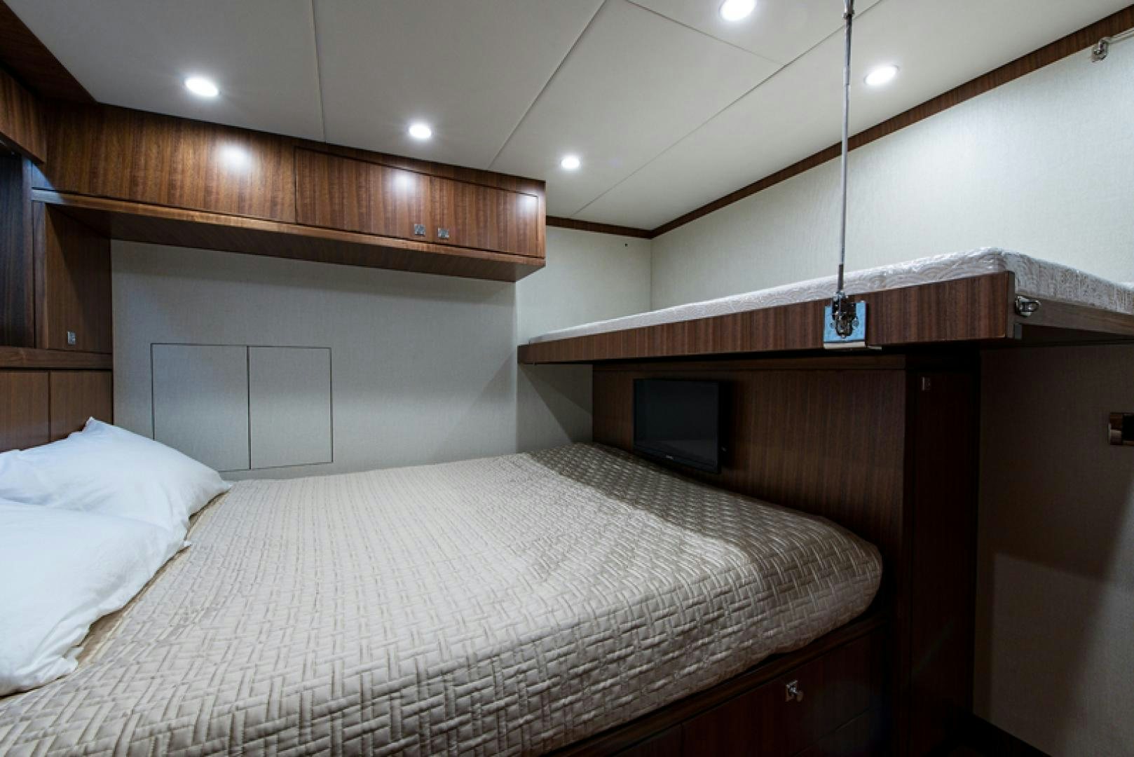 a bed with white sheets aboard GALATI G120 SIGNATURE SERIES Yacht for Sale