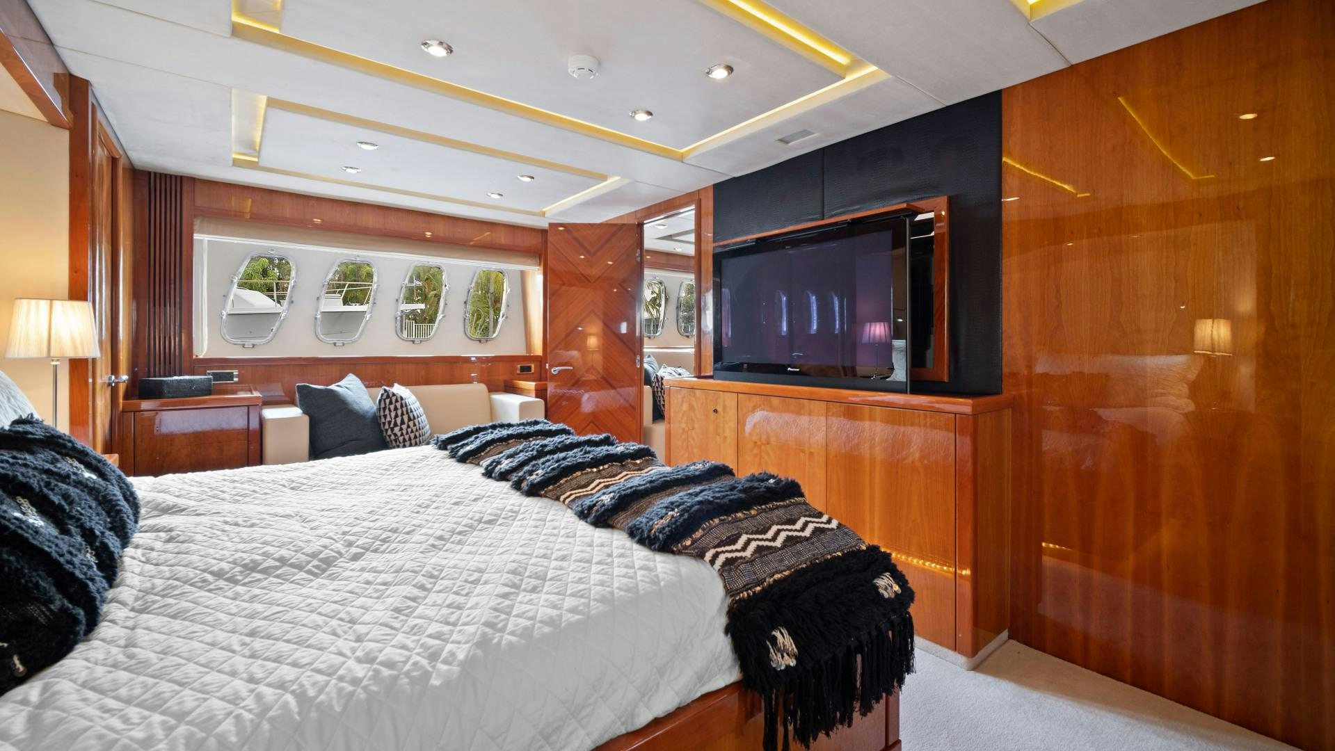 a bedroom with a large bed aboard DIABLO BLANCO Yacht for Sale