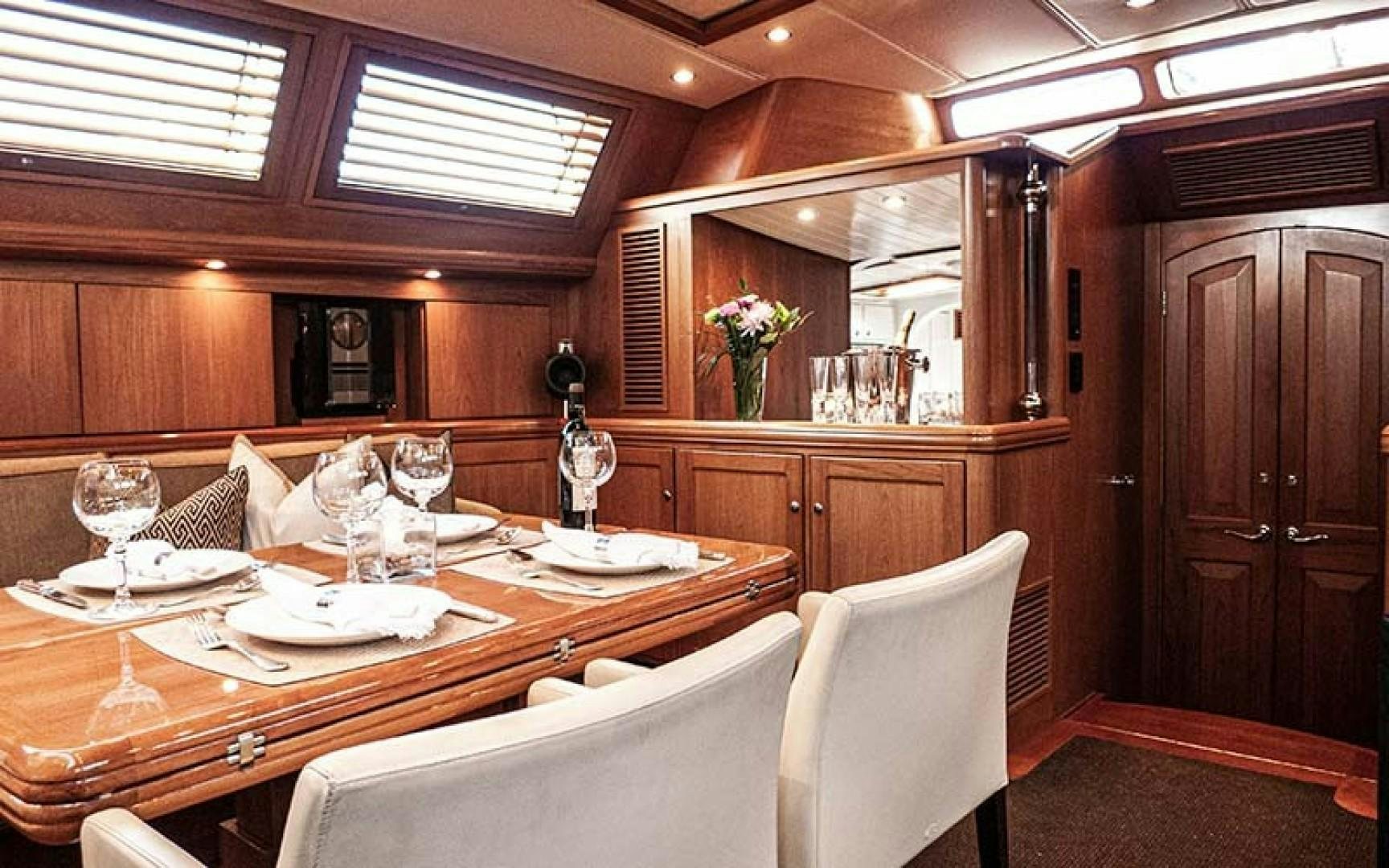 a dining table in a room aboard AVALON Yacht for Sale
