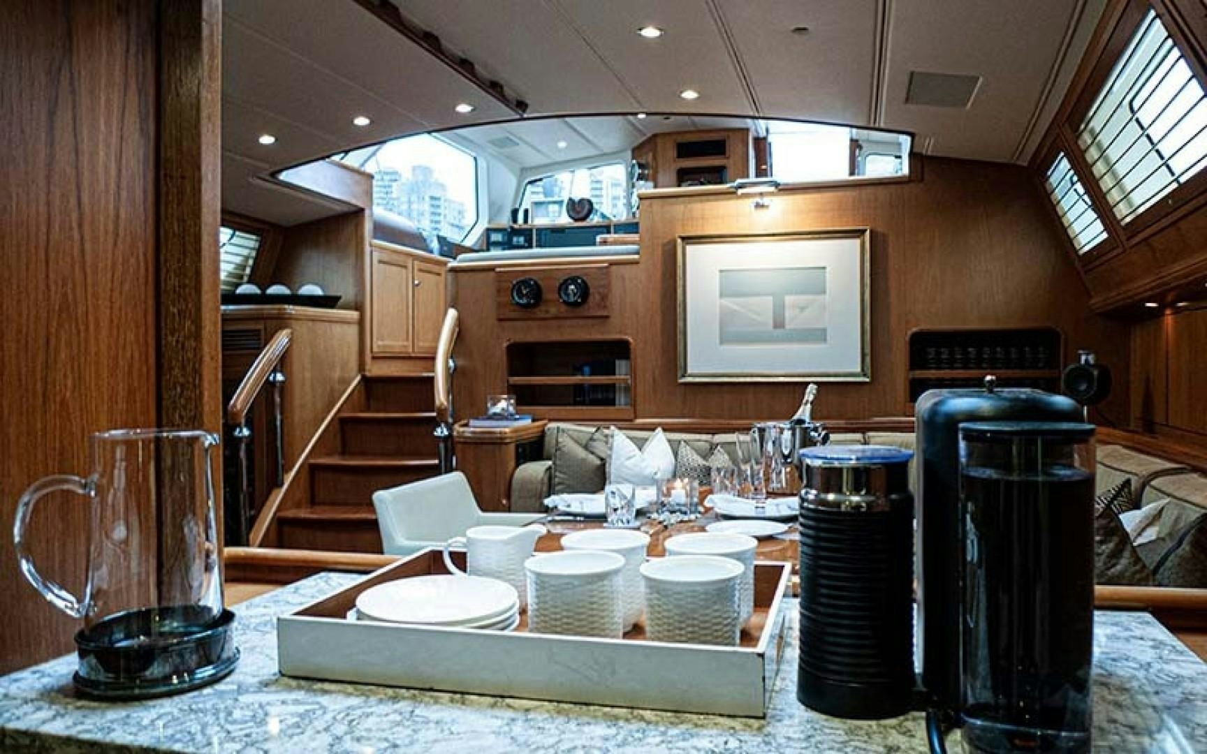 a kitchen with a large island aboard AVALON Yacht for Sale