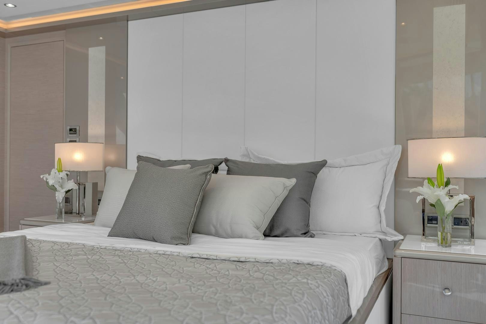 a bed with white sheets aboard CARBON COPY Yacht for Sale