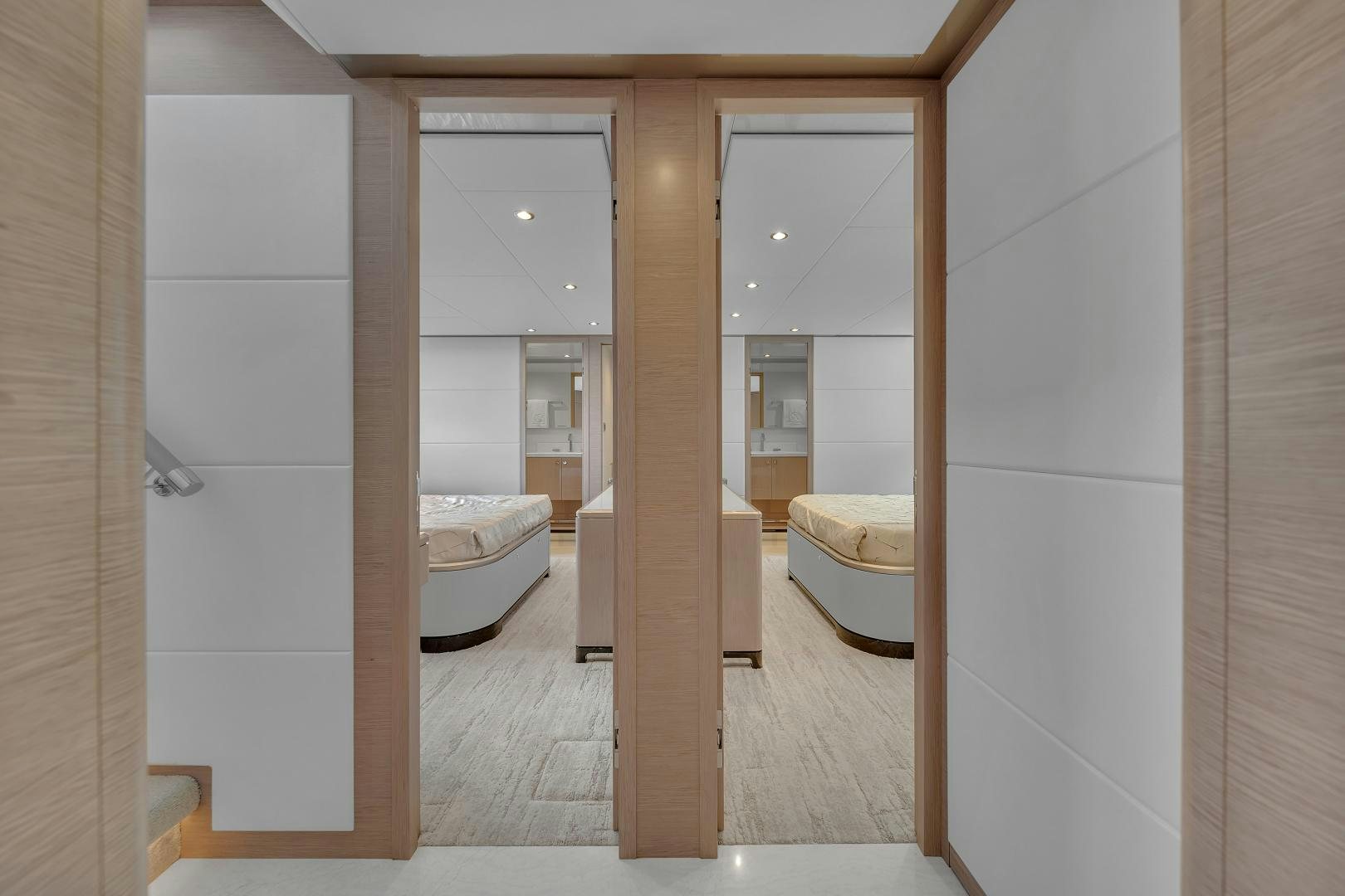 a bathroom with a large mirror aboard CARBON COPY Yacht for Sale
