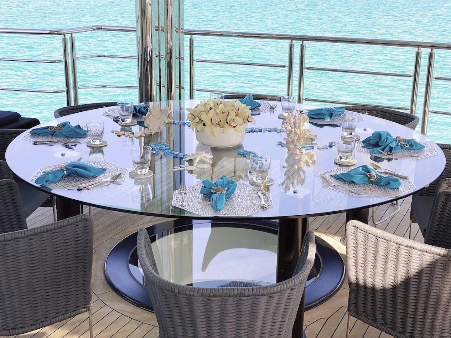 a table with food on it aboard OCULUS Yacht for Sale