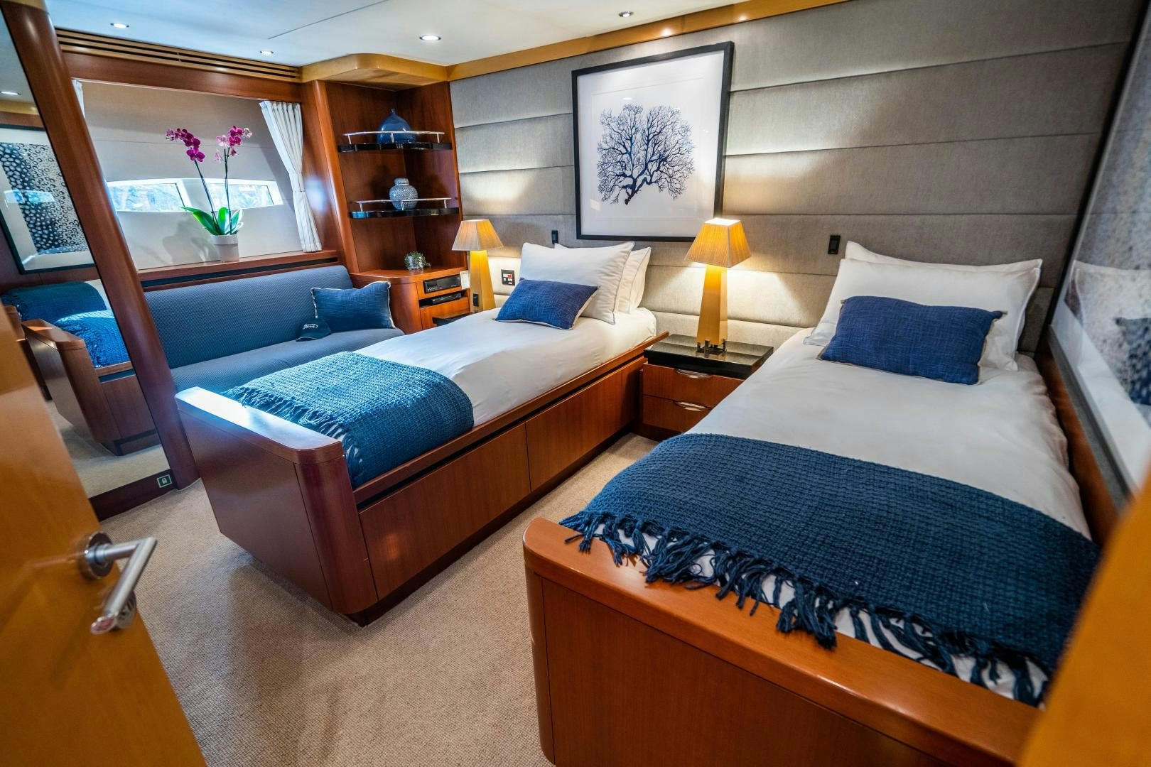 a room with two beds aboard MY SPIRIT Yacht for Sale