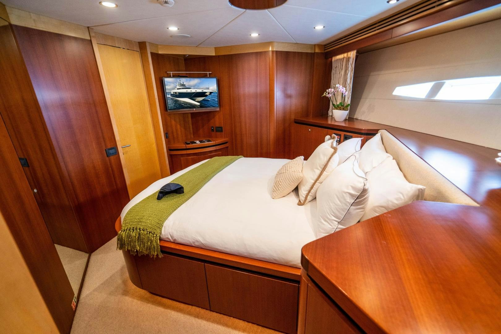 a bed in a room aboard MY SPIRIT Yacht for Sale