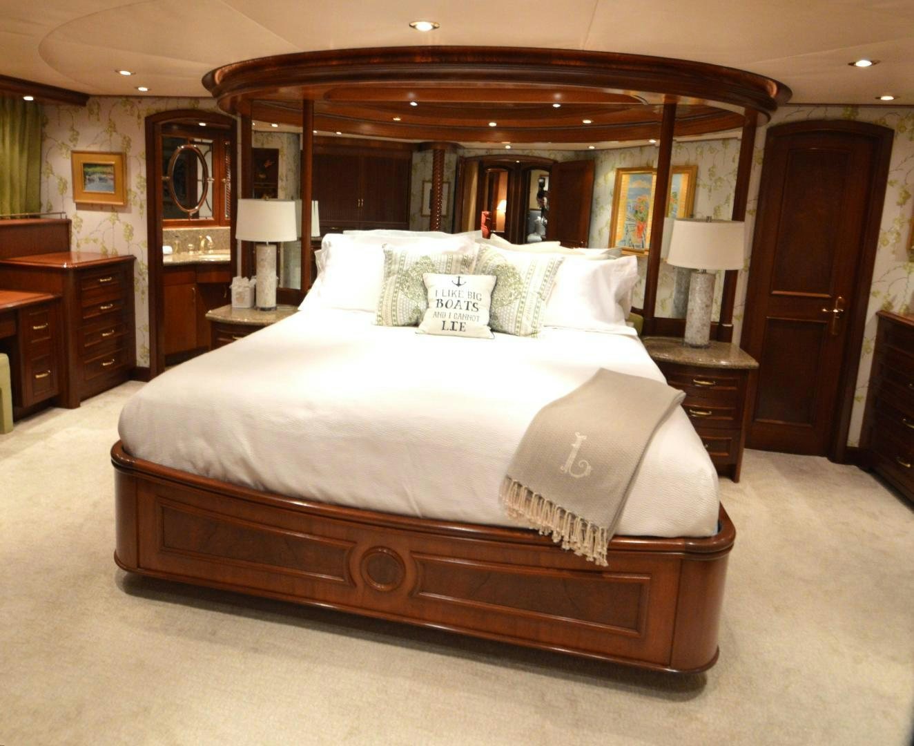 a bed in a room aboard MARBRI Yacht for Sale