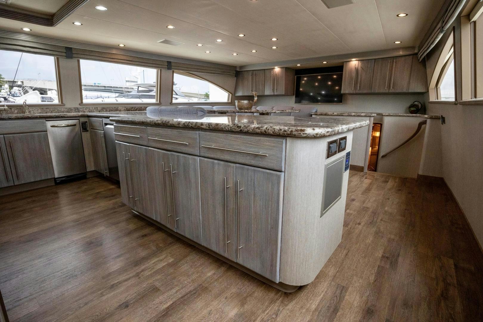 a large kitchen with a large island aboard ATLANTIC Yacht for Sale