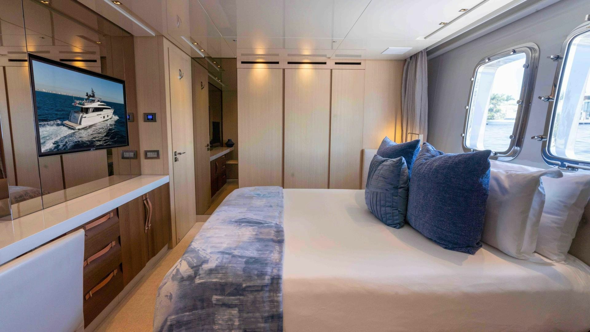 a bed in a room aboard NOTORIOUS Yacht for Sale