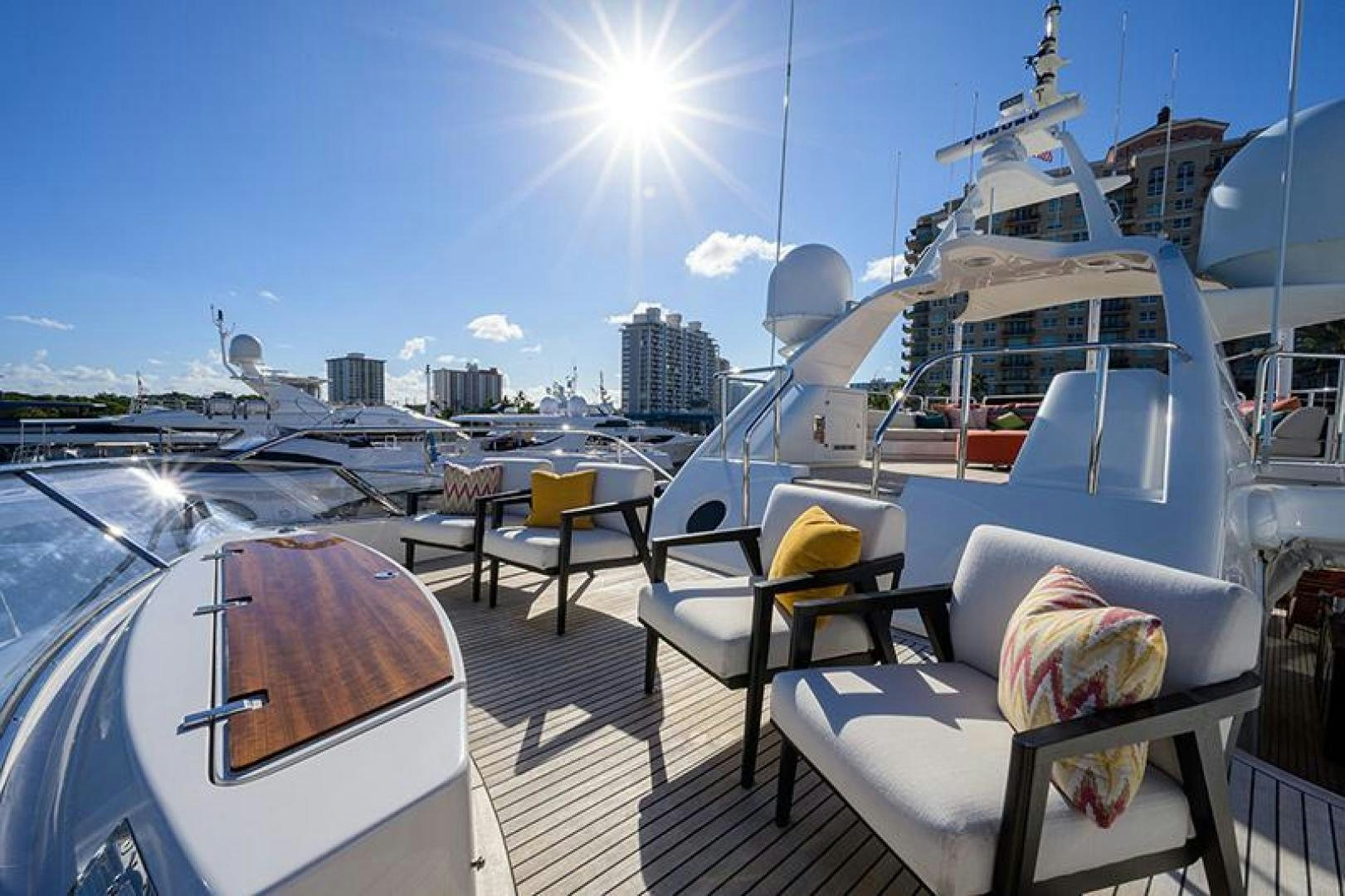 a deck with a view of a city and a large body of water aboard BW Yacht for Sale