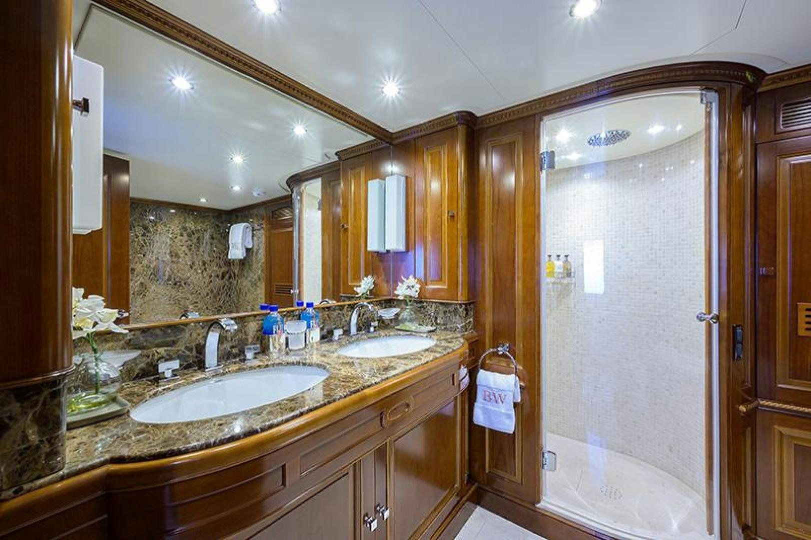 a bathroom with a sink and a shower aboard BW Yacht for Sale