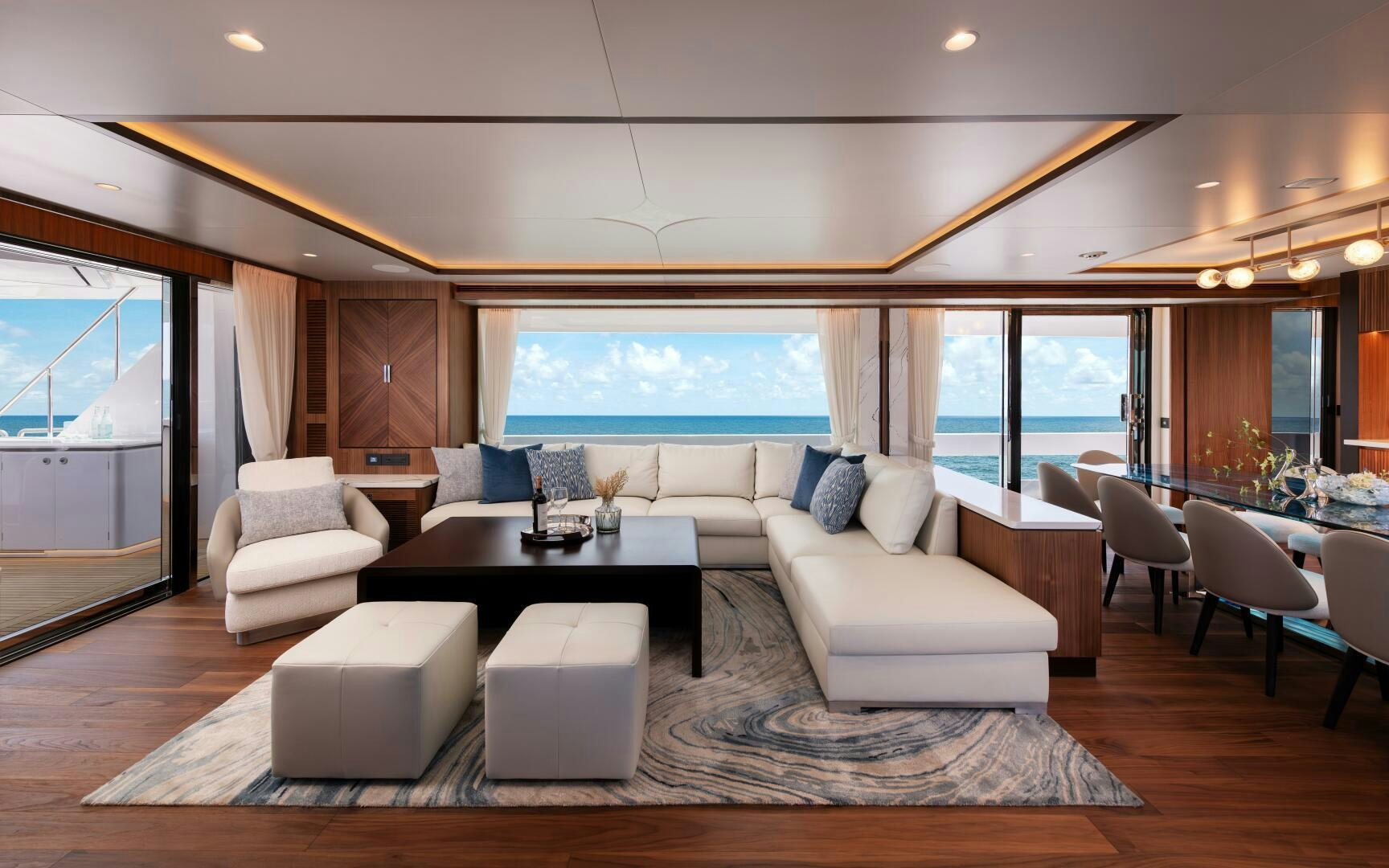 a living room with a large window aboard FD100 911 Yacht for Sale
