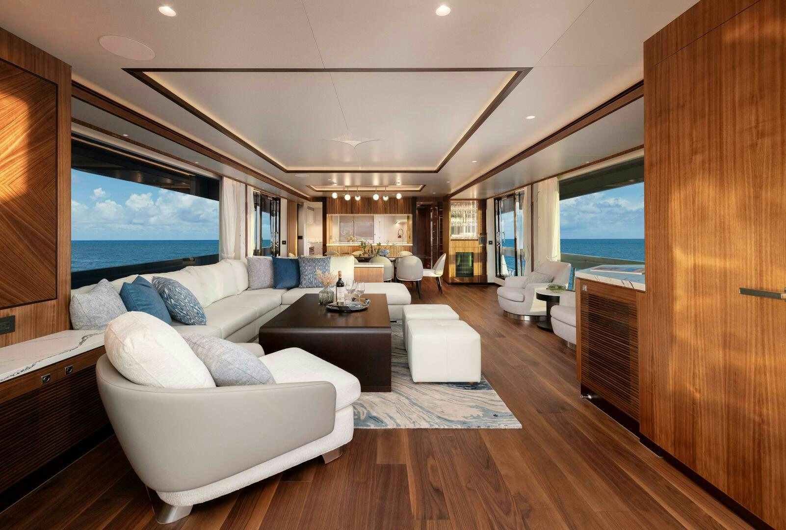 a living room with a large window aboard FD100 911 Yacht for Sale