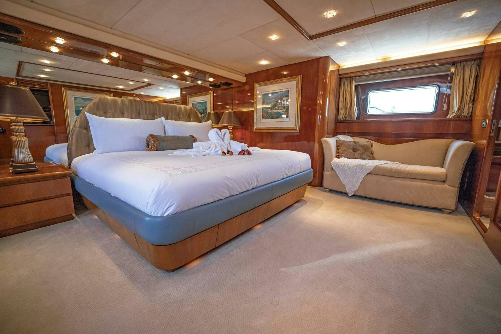 a bed in a room aboard SHALIMAR Yacht for Sale