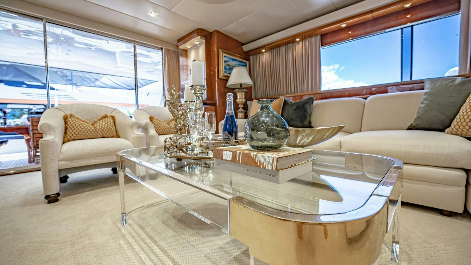 a living room with a large window aboard SHALIMAR Yacht for Sale