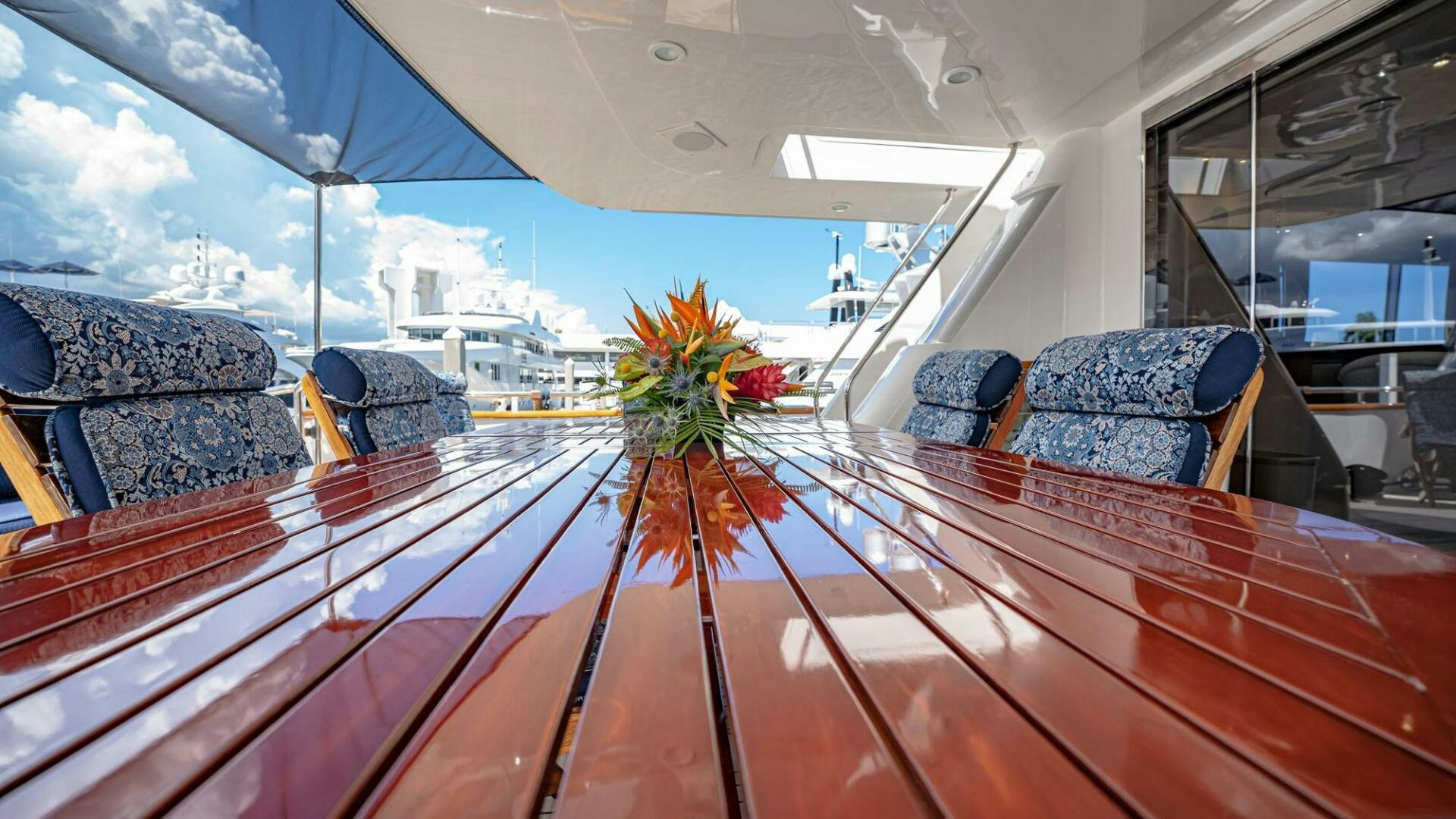 a boat with a flower arrangement on the front aboard SHALIMAR Yacht for Sale