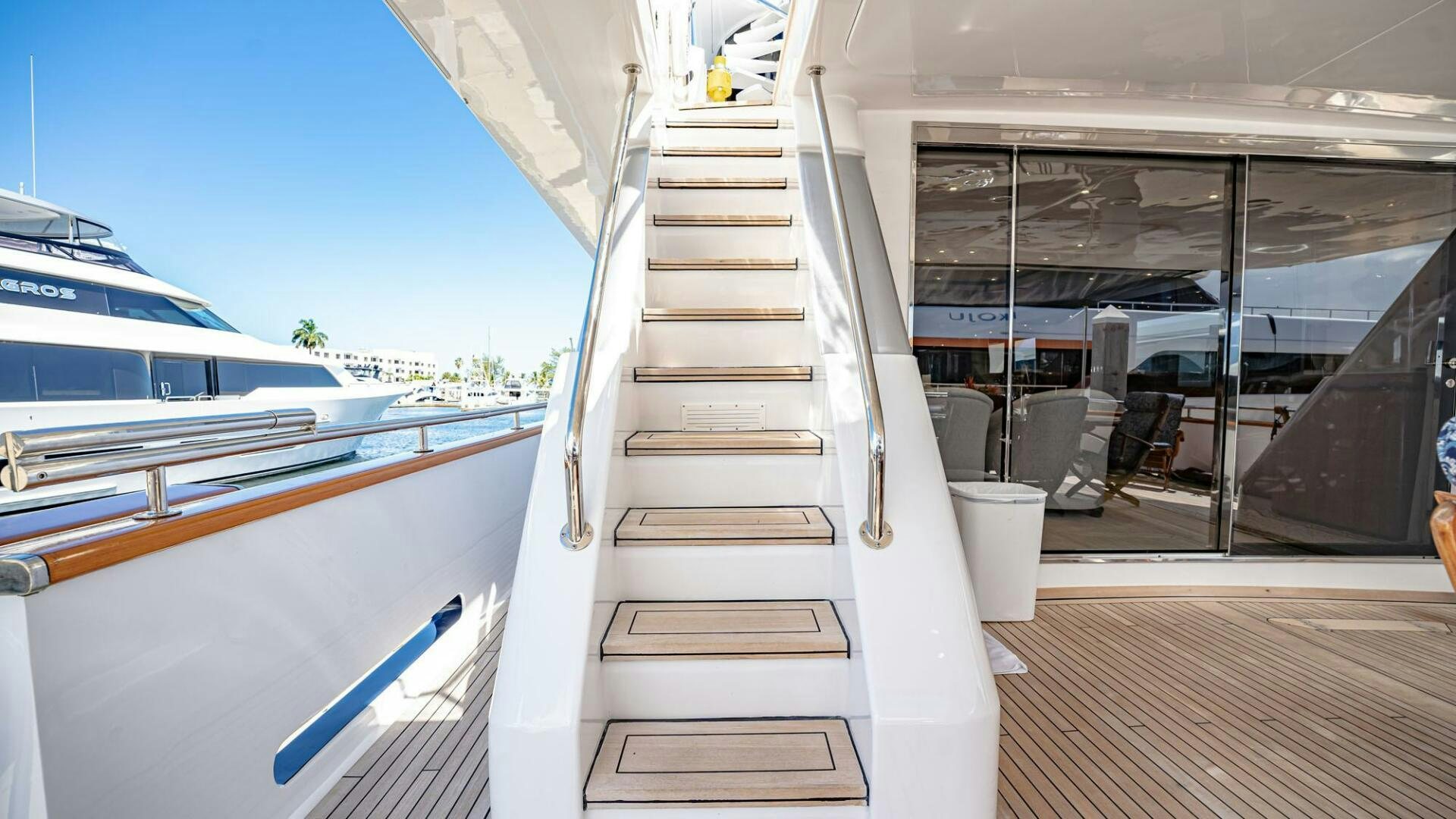 a boat with a staircase aboard SHALIMAR Yacht for Sale