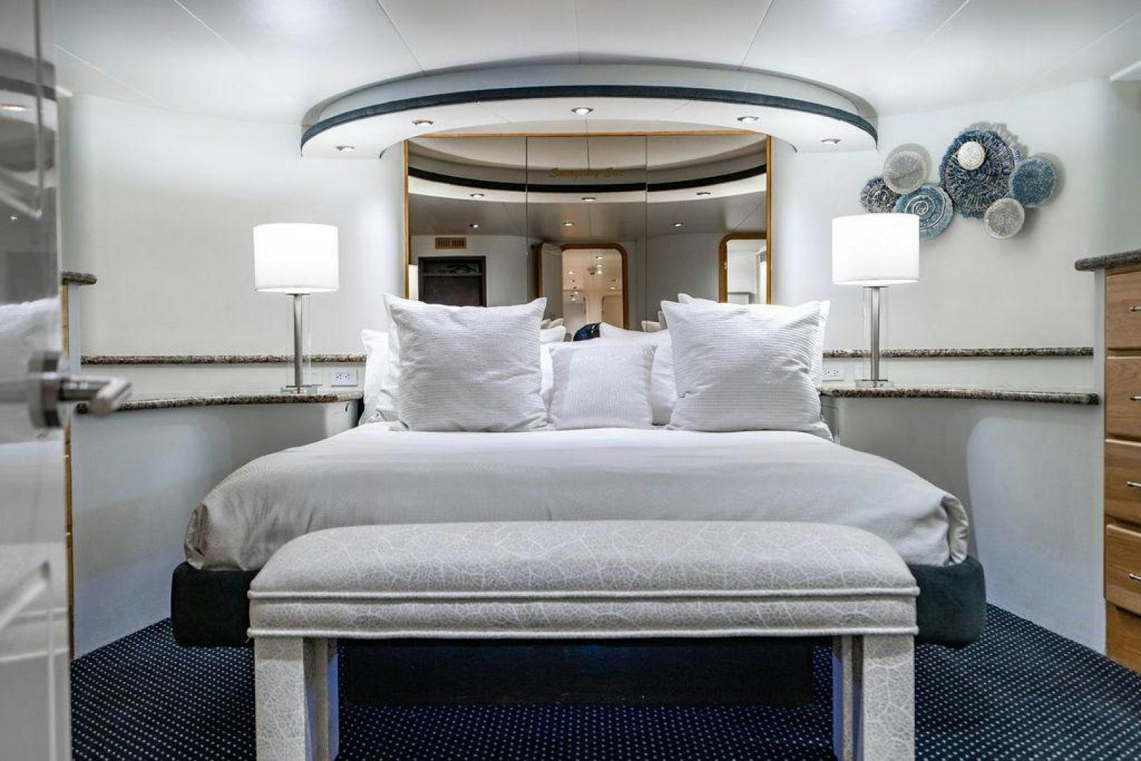 a bed with white sheets aboard THREE BLESSINGS Yacht for Sale