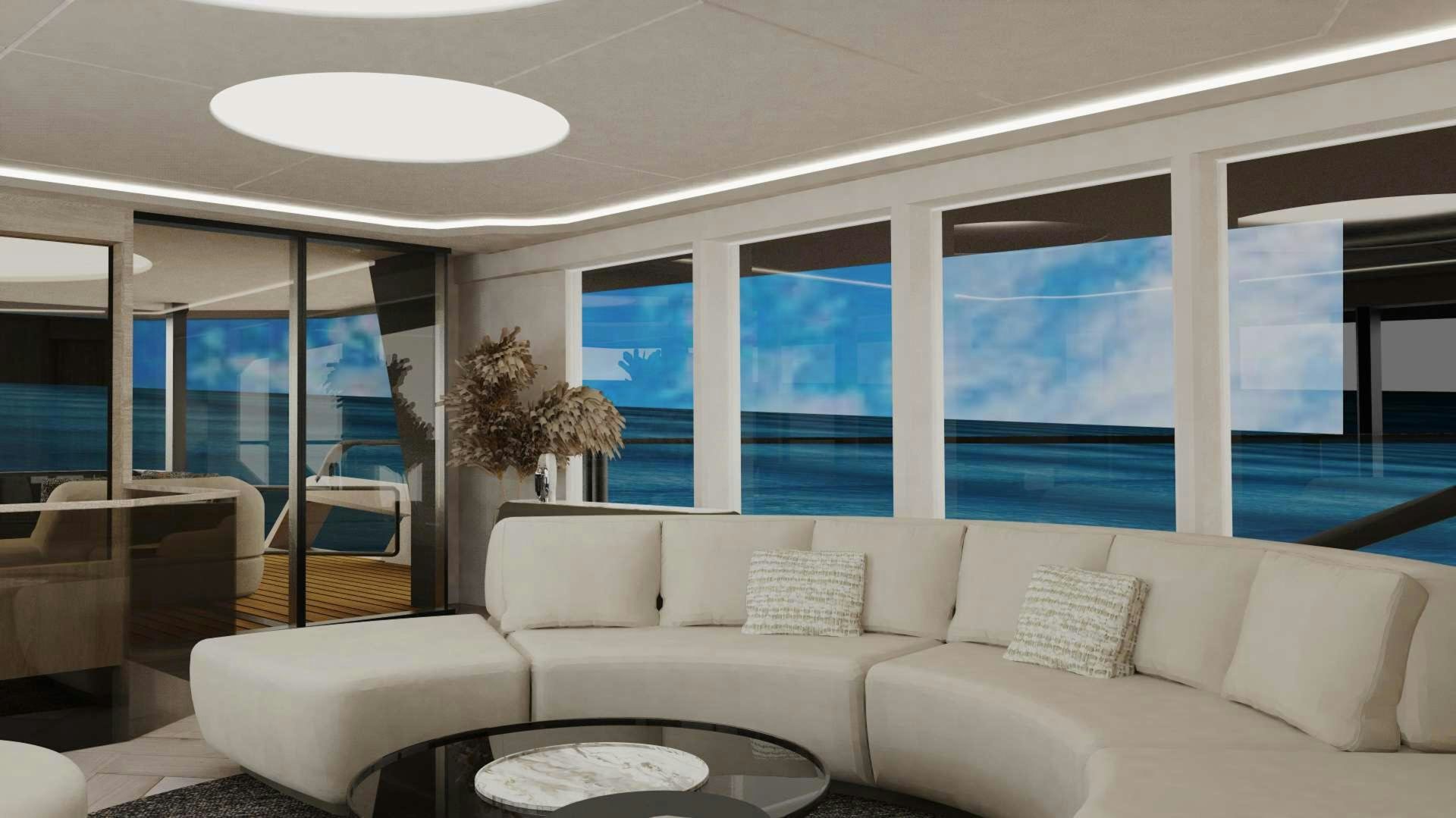 a living room with a large window aboard EVADNE ROCK XL HULL 1 Yacht for Sale