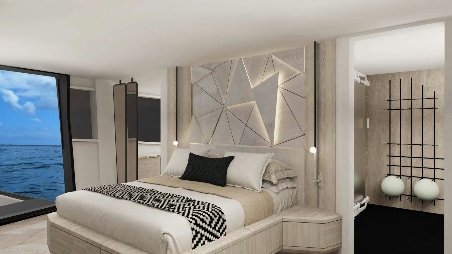 a bed in a room aboard EVADNE ROCK XL HULL 1 Yacht for Sale