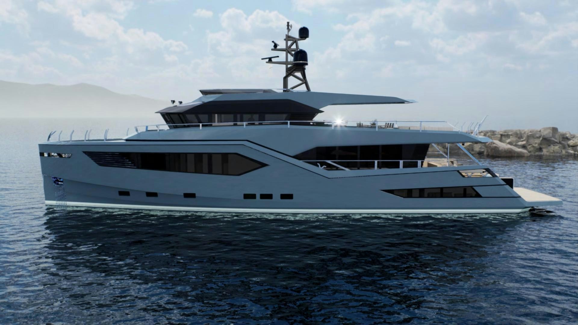 a white yacht in the water aboard EVADNE ROCK XL HULL 1 Yacht for Sale