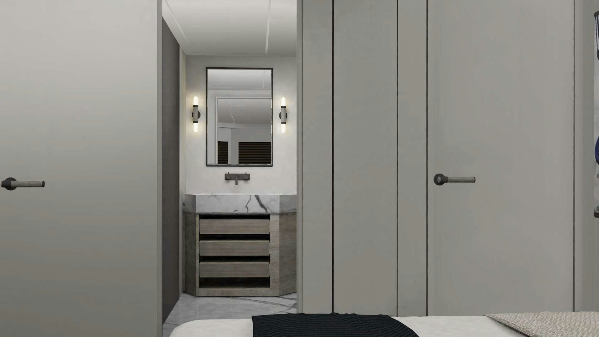 a bathroom with a mirror and a sink aboard EVADNE ROCK XL HULL 1 Yacht for Sale