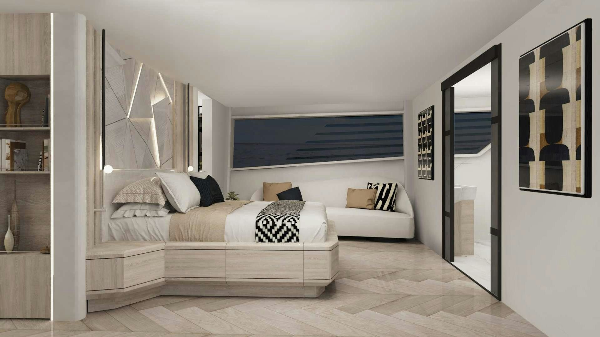a room with a bed and a mirror aboard EVADNE ROCK XL HULL 1 Yacht for Sale