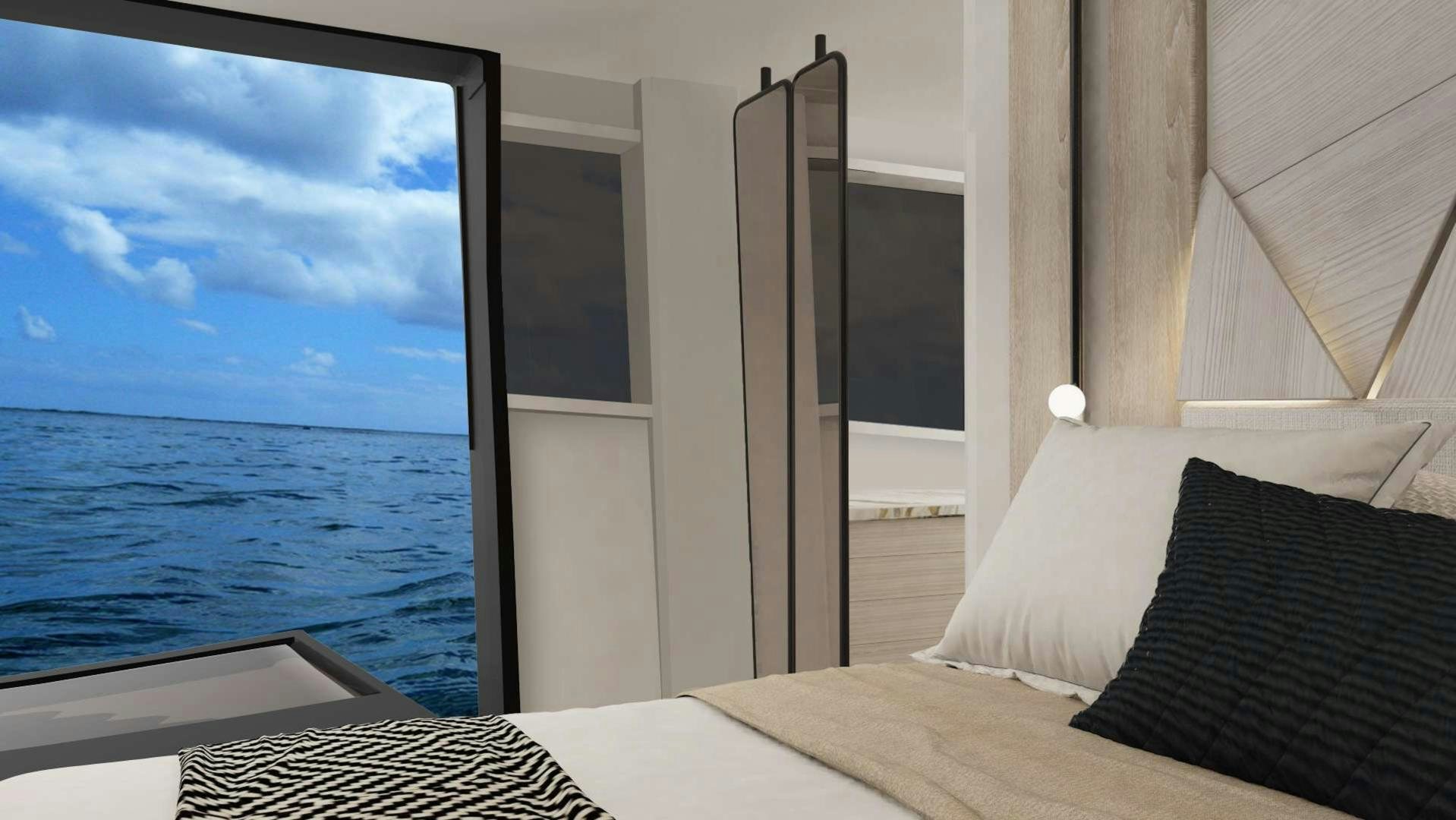 a room with a bed and a window aboard EVADNE ROCK XL HULL 1 Yacht for Sale