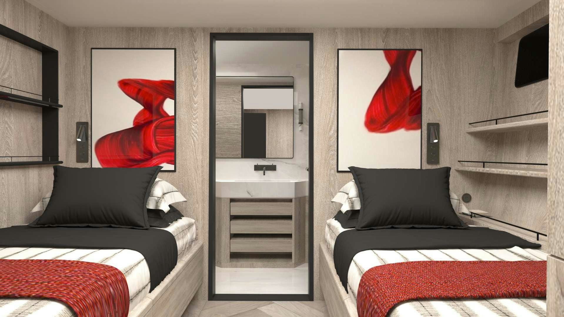 a room with a bed and a sink aboard EVADNE ROCK XL HULL 1 Yacht for Sale
