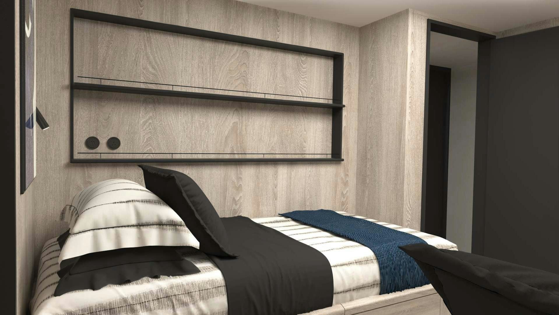 a bed with a blue blanket aboard EVADNE ROCK XL HULL 1 Yacht for Sale