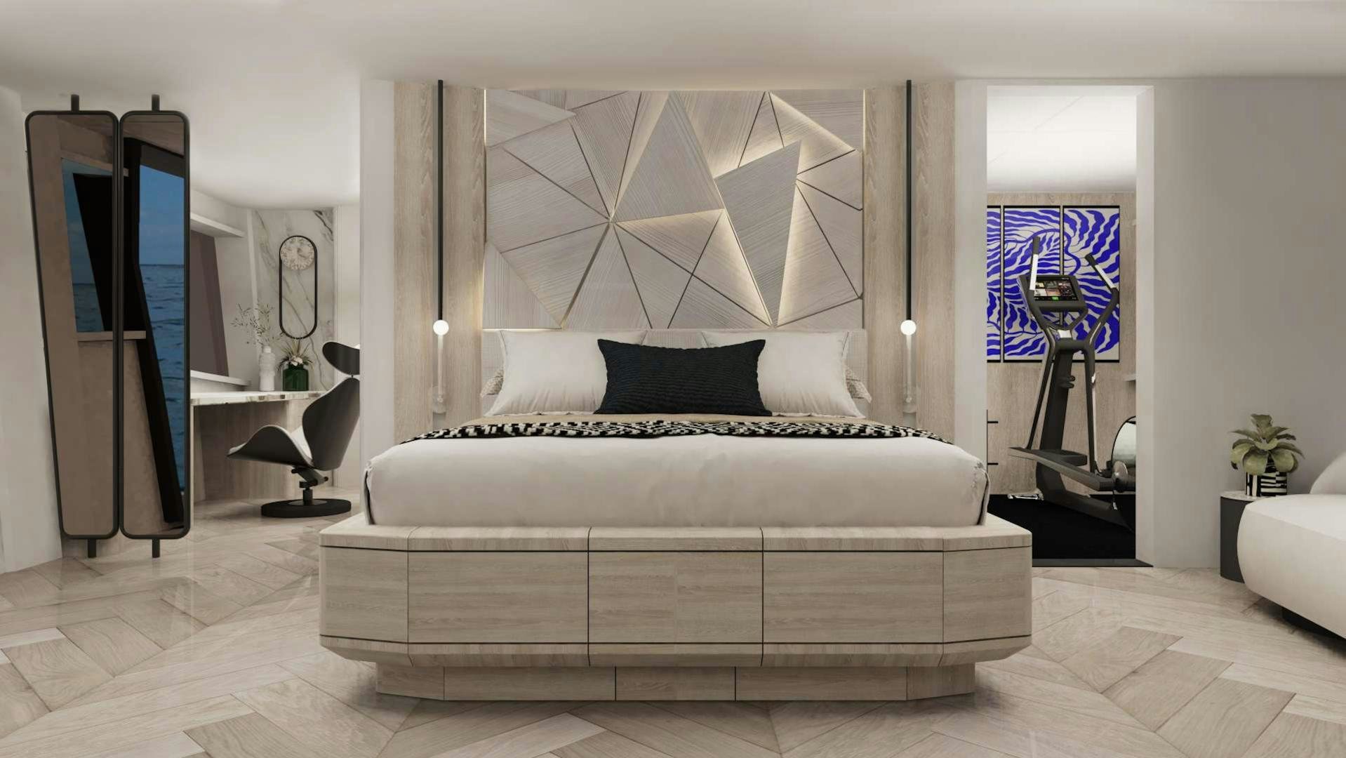 a large white bed in a room aboard EVADNE ROCK XL HULL 1 Yacht for Sale
